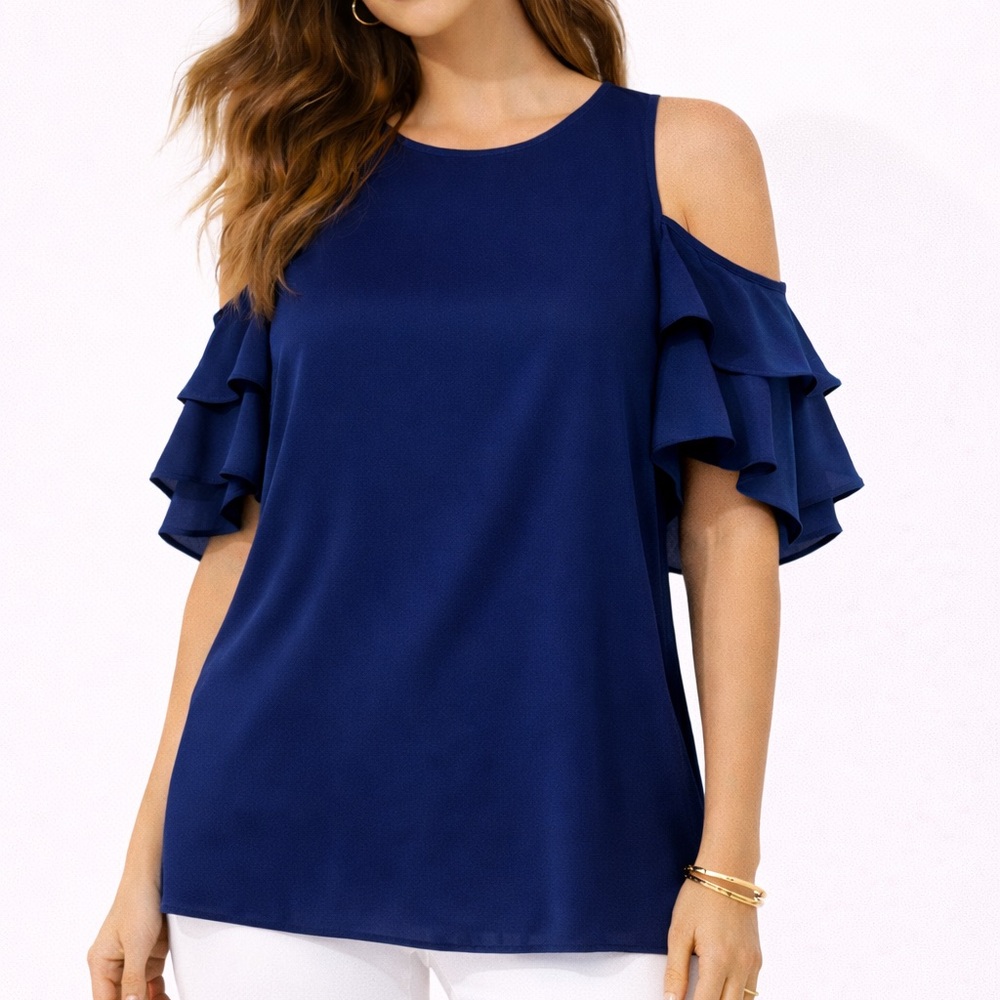 New York & Co. Sweet Pea Navy Blue Cold Shoulder Ruffle Sleeve Top